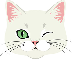 Winking White Cat Face Green Eyes Pink Ears Minimal Illustration Vector