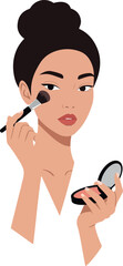 Woman Applying Blush With Brush And Compact Powder Makeup Flat Design