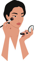 Woman Applying Blush with Brush and Mirror Flat Design Illustration