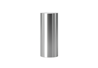 A reflective silver metallic cylinder isolated against a stark black background.