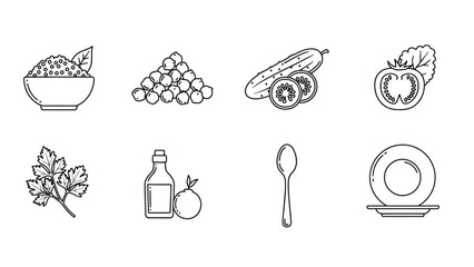 Black and white outline icons of ingredients and utensils for vegetarian salad preparation