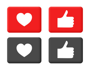 Thumbs up and heart buttons. Vector icon. Set of clipart isolated on white background.
