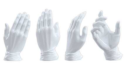 Four white porcelain hands in different gestures, isolated on black