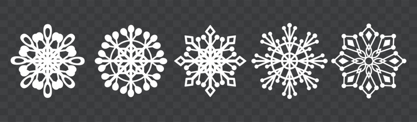 Snowflake icon set. A vector flat snowflakes isolated on a dark background.