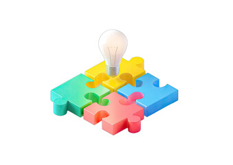 Four colorful puzzle pieces forming a base for a glowing lightbulb