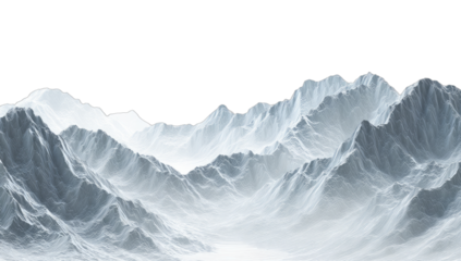 Ethereal snow-capped mountains shrouded in mist, receding into darkness