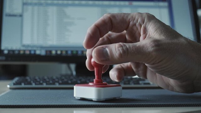 Close-up of a male hand operating a small red joystick with a computer screen in the background. Represents gaming, control, or work break concepts.