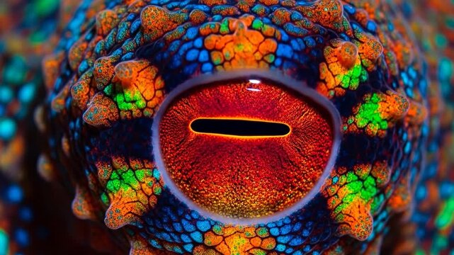 Octopus eye close-up featuring vibrant psychedelic colors and detail
