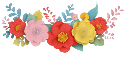 Vibrant paper flowers and foliage arranged in a festive, colorful border