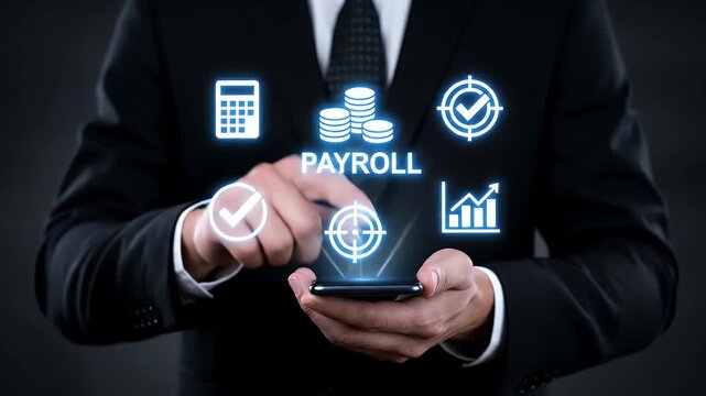 Businessman managing payroll on a futuristic digital smartphone