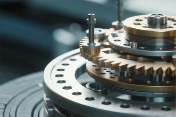 Close-up view of interlocking mechanical gears and precision components in a complex machinery assembly