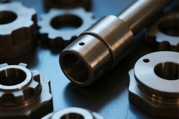 Close-up of metallic mechanical components including gears and shafts on a reflective surface