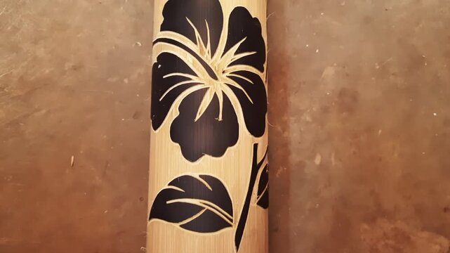 Decorative bamboo vase displays a bold black etched hibiscus flower and leaf design perfect for tropical themed interior decoration or gifts.