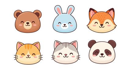 Fototapeta premium Cute Smiling Animal Faces Illustration Set with Bear, Bunny, Fox, Cats, and Panda