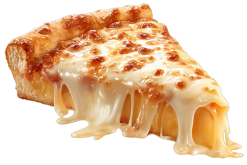 Delicious slice of melted cheese pizza with gooey, stretchy topping