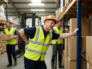 A warehouse worker having back pain and rubbing