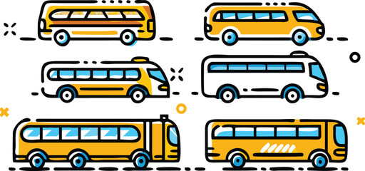 collection of yellow and grey bus illustrations on transparent background with dashed lines and graphic elements © Sadhin07