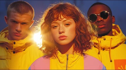Young diverse group in retro futuristic parkas posing outdoors. Caucasian man redhead woman and african american man in colorful jackets. 80s inspired fashion concept with vibrant hues and sunny glow.
