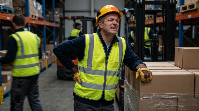 A warehouse worker having back pain and rubbing - Powered by Adobe