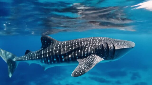 A spotted whale shark glides through sunny blue water, its massive body and tail trailing under sun