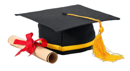 Graduation cap with tassel and diploma tied with red ribbon