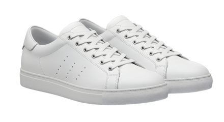 A pair of white leather sneakers with glittery soles and laces on a transparent background