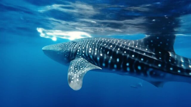 Spotted whale shark glides through azure ocean, sunlight tracing its vastly pattern-rich silhouette