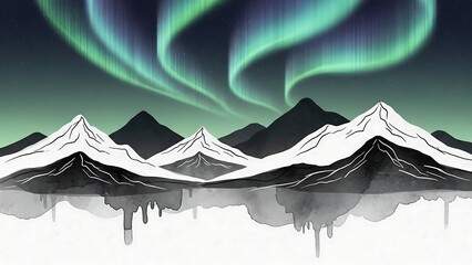 Snowy mountains with aurora borealis display.