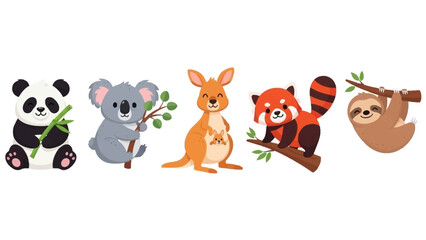 Naklejka premium Smiling cartoon wild animals set including panda, koala, kangaroo, red panda, and sloth illustration