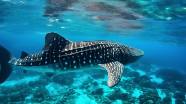 A gentle whale shark glides over vibrant coral reefs, dotted with white spots in turquoise depths..