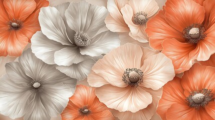Overhead View of Vibrant Orange, Peach, and White Poppy Flowers Creating a Delicate Floral Pattern Background