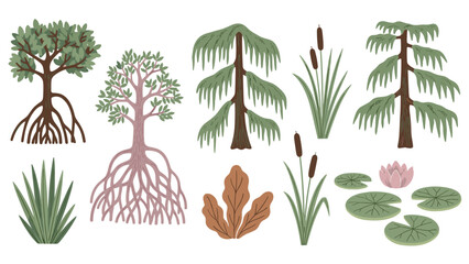 A wonderful collection of swamp and marsh plants, including mangrove trees, cypress, cattails, and water lilies. This wetland nature set is perfect for illustrating unique ecosystems.
