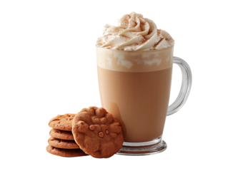 Gingerbread latte topped with whipped cream and cinnamon next to stacked cookies isolated on a transparent background
