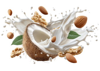 Coconut milk splashing with whole coconut almonds and walnuts isolated on a transparent background liquid