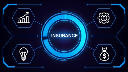 Futuristic digital insurance interface with glowing business icons - Powered by Adobe