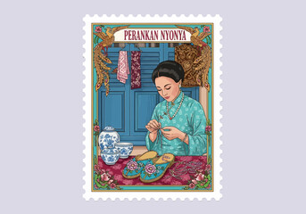 Peranakan Nyonya crafting jewelry inside a decorative stamp border
