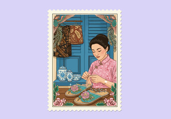 Peranakan woman beading elaborate slippers in a shop setting