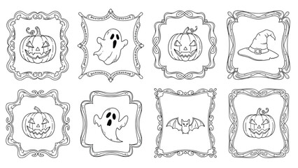 Spooky hand-drawn Halloween collection with jack-o'-lanterns, ghosts, a witch hat, and a bat, each enclosed in a unique vintage-style ornate frame.