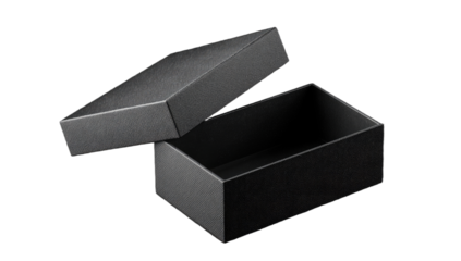 A minimalist matte black box with its lid partially open, isolated on a dark background