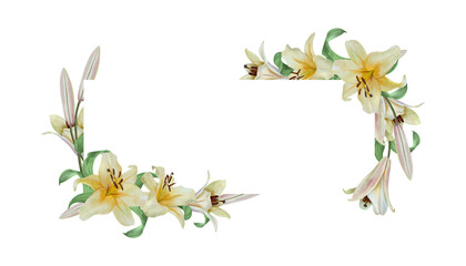 White lilies template for text insertion. Hand drawn watercolor illustration of flowers, isolated. Wedding invitations, cards and envelopes for birthdays, Valentines Day, Epiphany, Easter and funerals