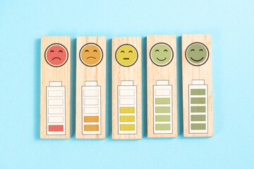 Fototapeta premium Happiness and energy level loading, exhausted by stress, healthy positive lifestyle, work life balance, burnout, recharge battery
