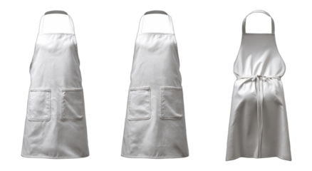 Three white aprons displayed, front, slightly angled front, and back views