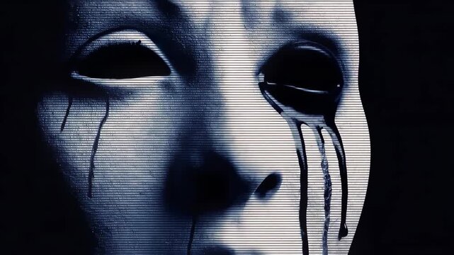 Womans wide-eyed horror face with tears in VHS glitch sequence. Eerie close-up distortion evolving through 80s retro video aesthetic.