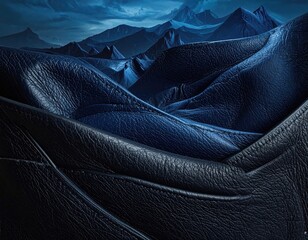 Blue leather folds create a mountainous landscape against a moody sky