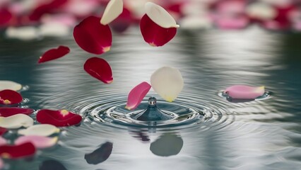 Rose petals falling on water surface.