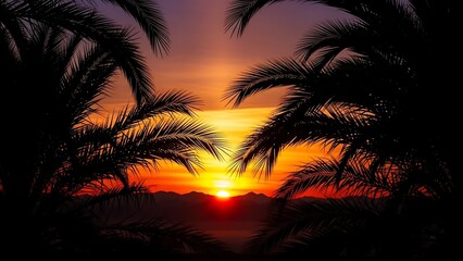 Tropical sunset behind palm trees.