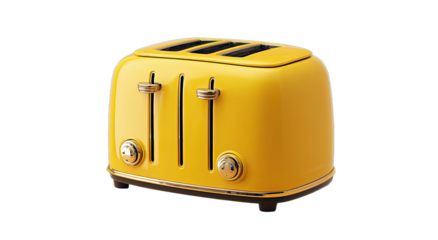 A bright yellow, four-slot toaster with chrome accents sits on a black base