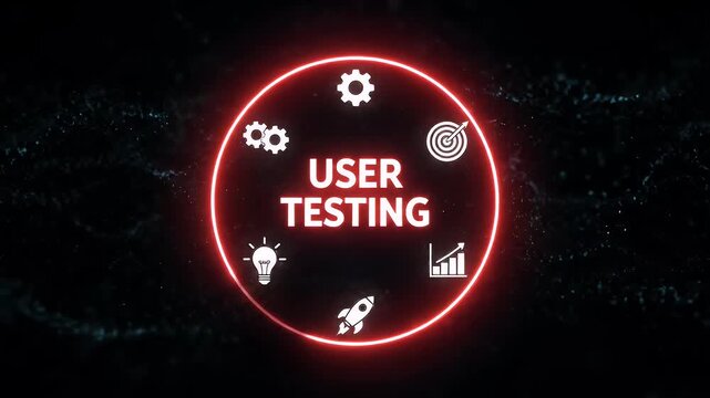 Neon user testing concept with icons in a glowing red circle