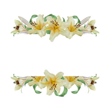 White lilies template for text insertion. Hand drawn watercolor illustration of pastel flowers, isolated. For wedding invitations and cards for birthdays, Valentines Day, baptisms, Easter and funerals