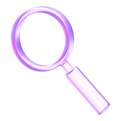 3D purple translucent magnifying glass in sleek glassmorphism style. Ideal for search and discovery functions within modern digital interfaces